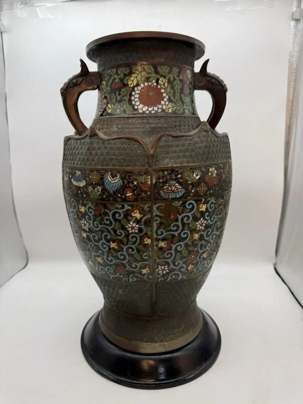 17.5” Antique Japanese Bronze Champleve Cloisonné Enamel Vase Dragon Handles ⬇️